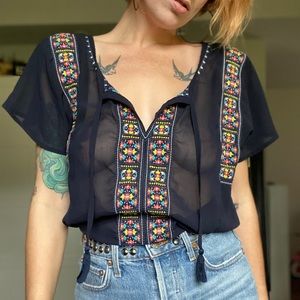 Sheer Blouse with Multicolor Embroidering